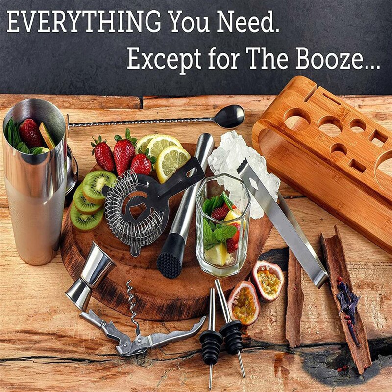 Bartender Kit 10-Piece Bar Tool Set With Stylish Bamboo Stand Martini Cocktail Shaker Drink Mixing Home Bartending Tools