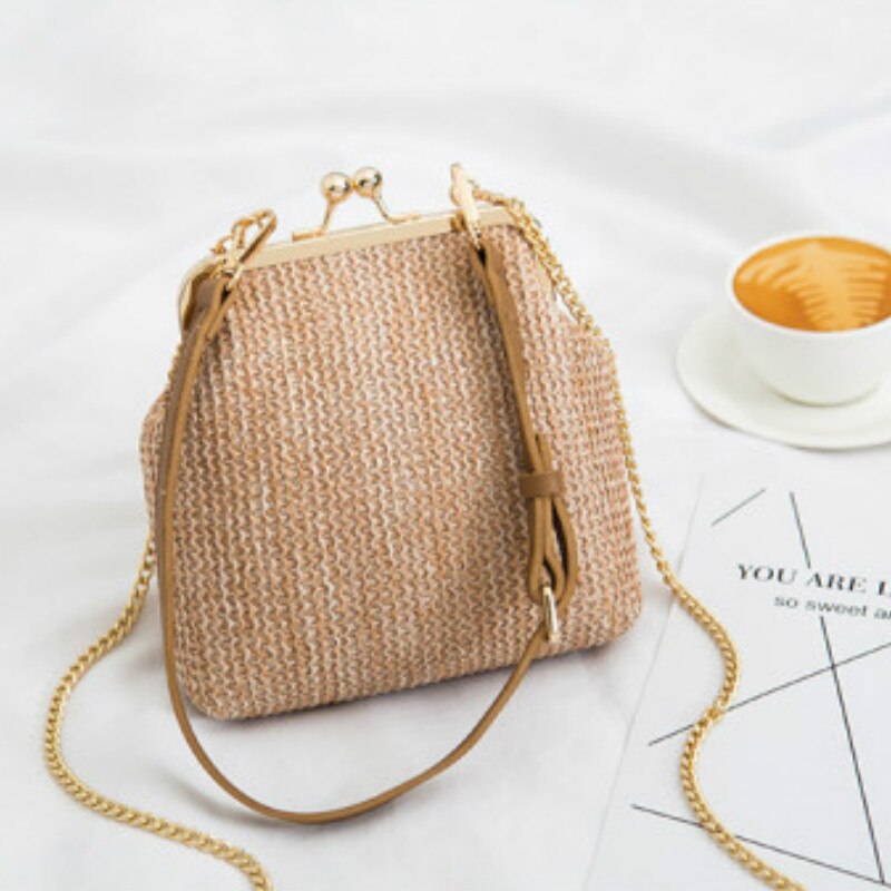 Moda concha saco de palha designer clipe de corrente feminina ombro crossbody sacos rattan bolsas femininas pequeno tecido verão praia bolsas: Cáqui