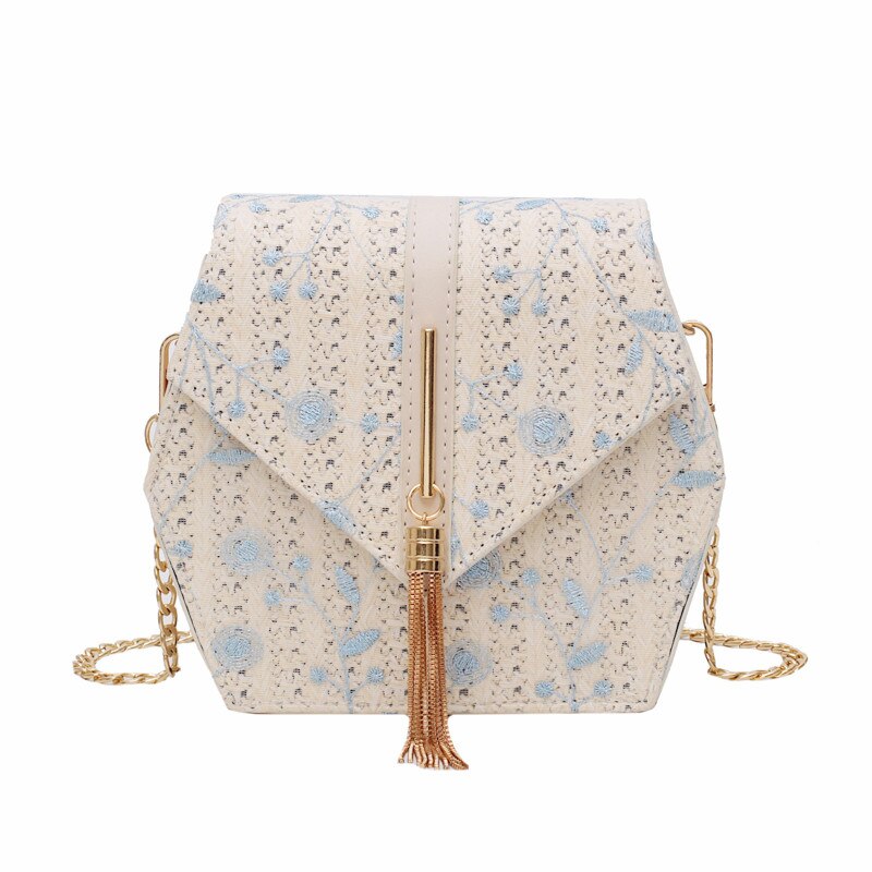 Hexagonale stijl stro kant borduurwerk tas handtassen vrouwen zomer rotan tas handgemaakte geweven strand bohemien handtas: Blauw