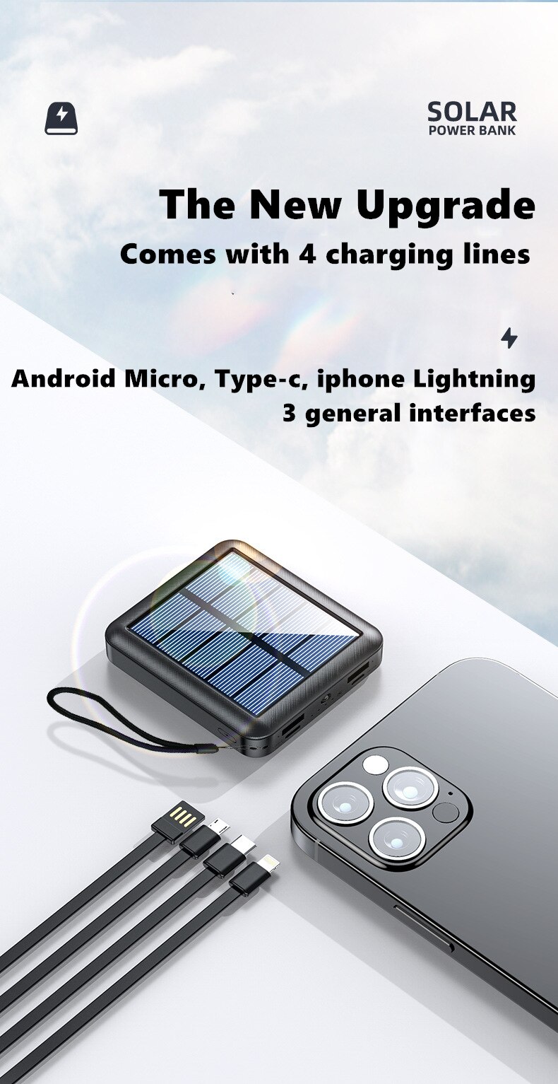 20000 Mah Solar Power Bank Met Micro Usb Type C Lightning Kabel Draagbare Oplader Led Zaklamp 4 Poorten Power Bank