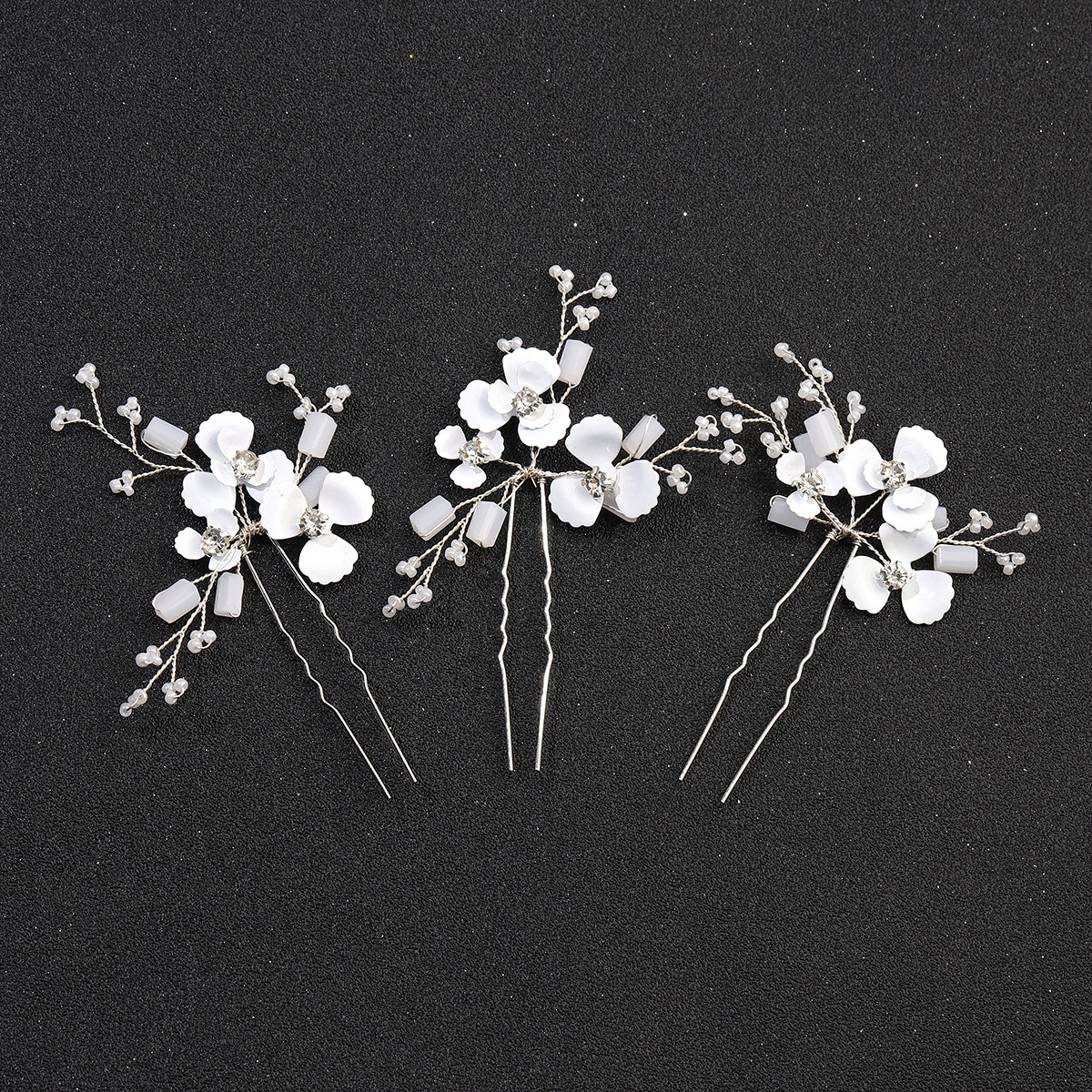 Horquilla en forma de U de flor blanca para mujer, 3 piezas, pinzas para el pelo elegantes, accesorios de joyería para el cabello, adornos para la cabeza de boda: Color oro puro