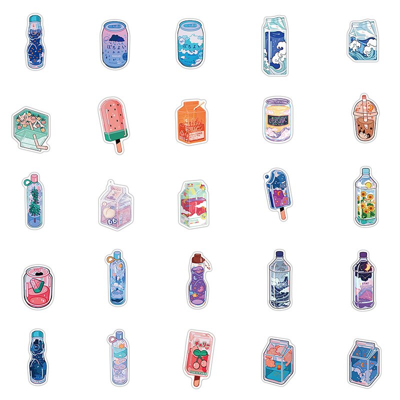 .50PCS Summer Cute Flavored Drink Stickers PVC Kawaii Cartoon Beverage Decal sticker For Girl DIY Laptop Stationery Water Bottle