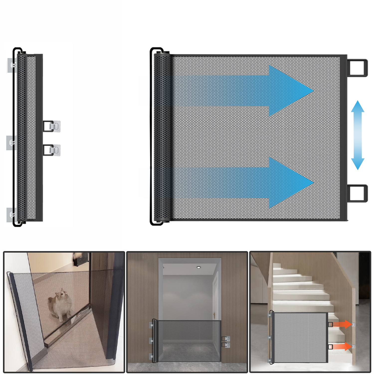 Retractable pet gate, mesh dog gate, cat enclosure for doorways, stairs, hallways, indoor/outdoor pet door stalls