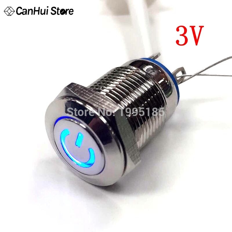 1pcs 3V LED 12mm Flat Head Power Supply Sign Light Reset switch Switch Waterproof Metal Button Switch Blue Light 5PIN Metal Swi