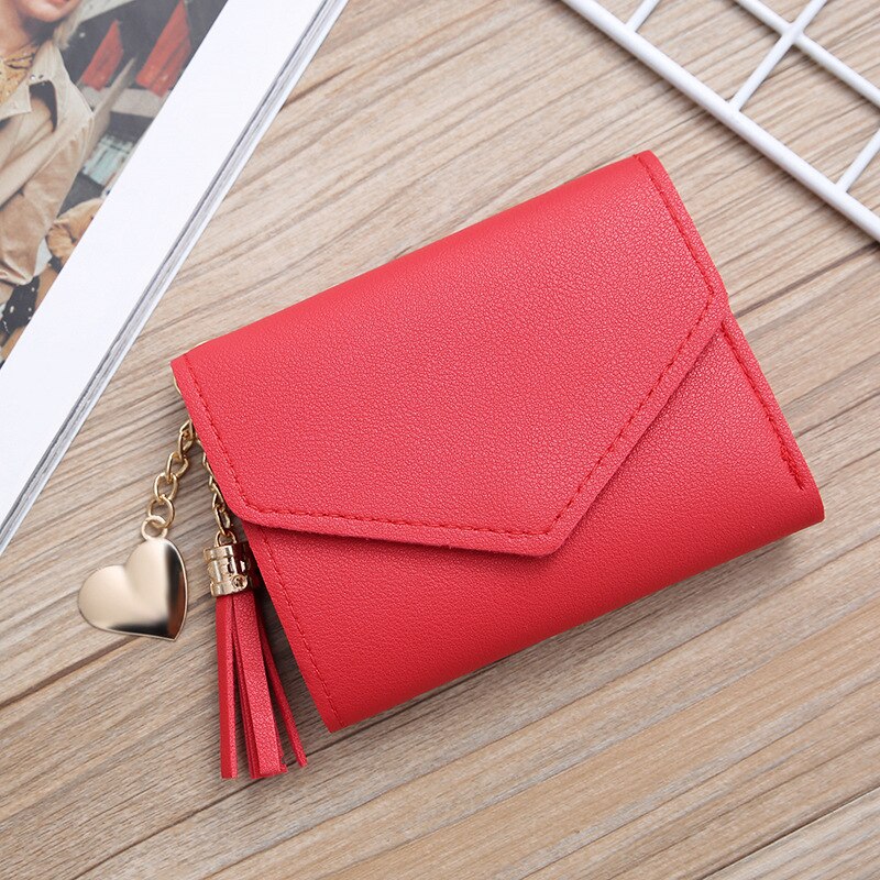 Women Wallet Cute Student Tassel Heart Pendant Short Wallet Small PU Wallet Coin Purse Ladies Card Bag For Women: red