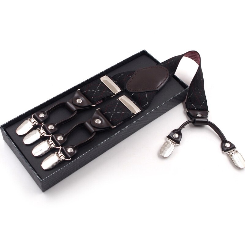 Mannen Zwarte Plaid Y-Vorm Jarretel Met Antislip 6 Clips Elastische Verstelbare Brace