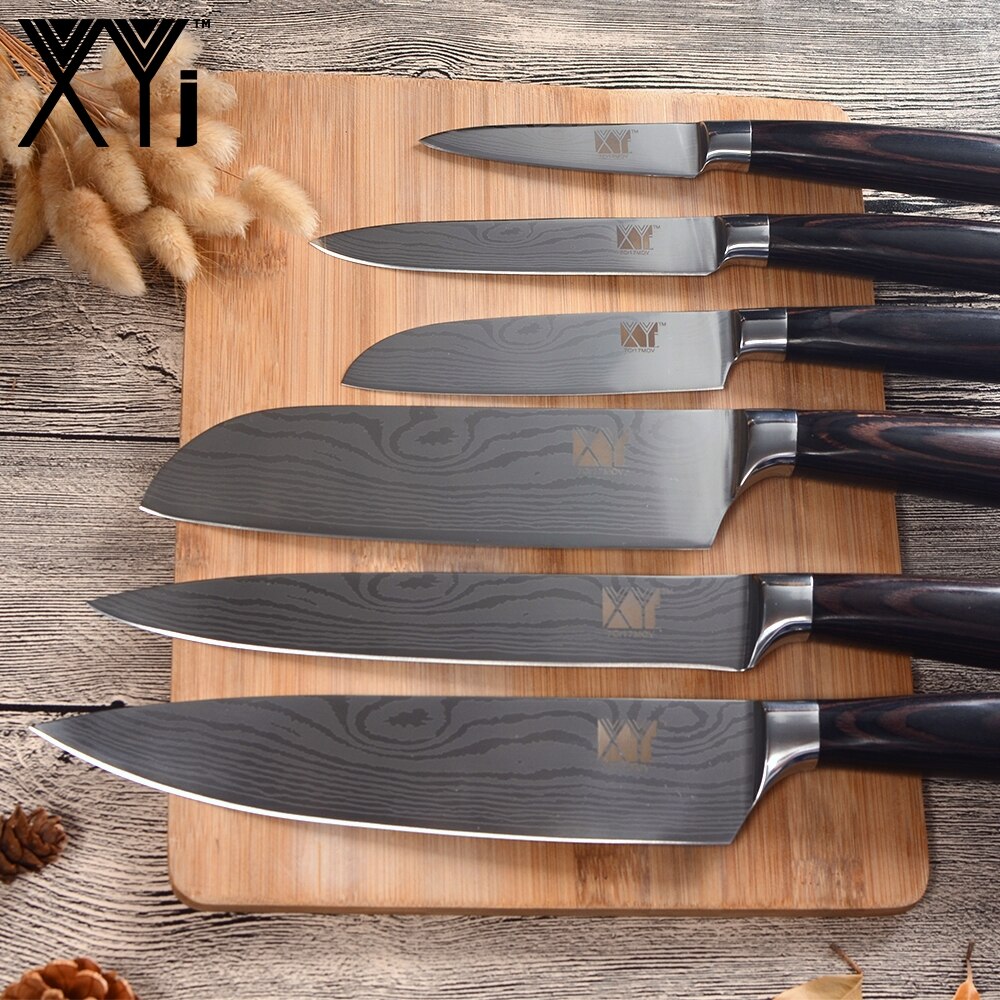 Xyj 6 stk rustfritt stål kjøkkenkniv høy karbon skarpt blad bøy håndtak kokk skjæringe santoku nytte skjærekniver