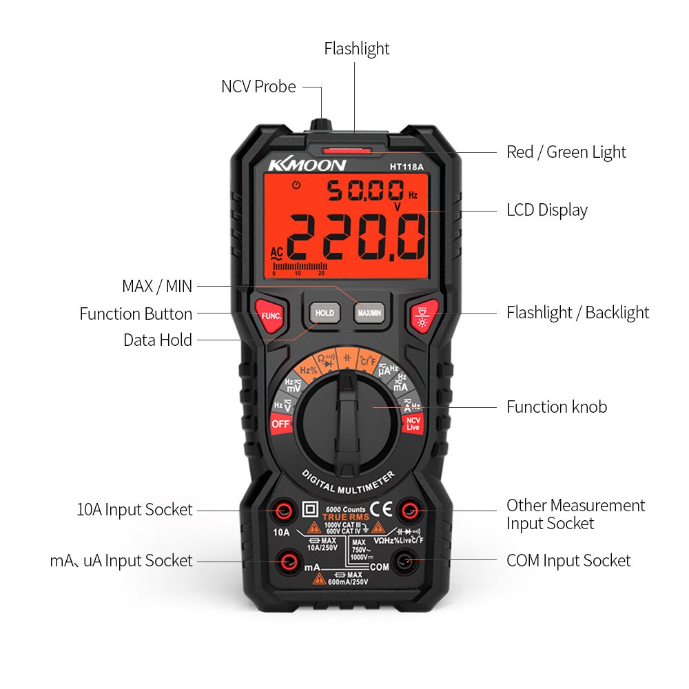 HT118A Digital Multimeter Auto Range Multi-meter 6000 Counts True RMS Measuring Capacitance with LCD Backlight Flashlight