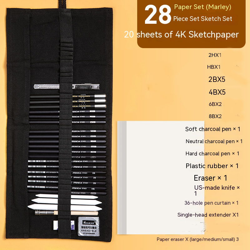 28/38/44 pcs Sketch Pencils Set Roll Up Canvas Wrap Sketching Pencil Bag Case Art Drawing Supplies Charcoals Kneaded Eraser Kit