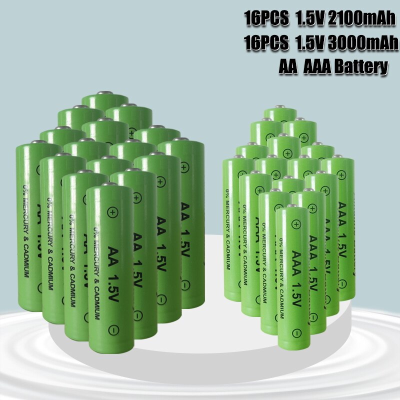 1.5V AA + AAA NI MH Rechargeable AA Battery AAA Alkaline 2100-3000mah For Torch Toys Clock MP3 Player Replace Ni-Mh Battery: 16AA-16AAA