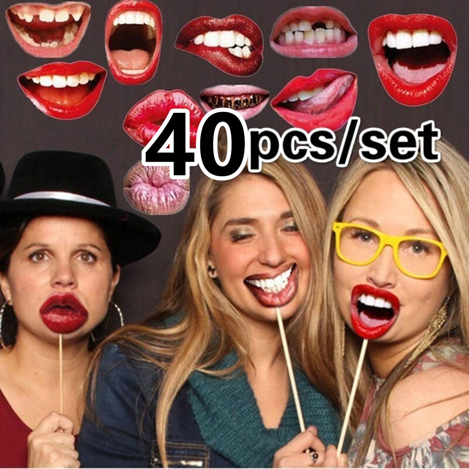 40Pcs Party Photo Booth Props Funny Mouth Lips Photo Booth Prop Stick Selfie Props Accessories for Birthday Wedding photo booth