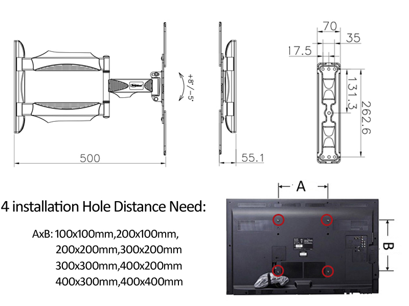 NB DF400 P4 32"-55" retractable 3 arm swing full motion 70kg tv wall mount articulating bracket with adaptor 400x400 hide cable