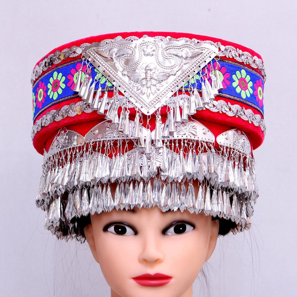 Coiffure de Costume de danse folklorique chinoise pour femmes, chapeaux Hmong Miao argentés, chapeaux de danseuse de scène, vêtements de la minorité chinoise: red