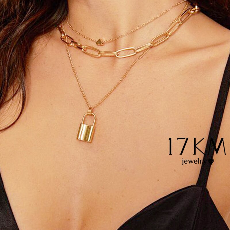 Vintage Multi Layer Lock Necklaces Chain For Women Gold Heart Key Pendants Necklace Party Jewelry: CS5759