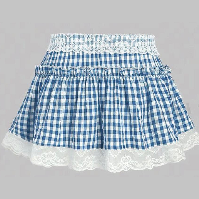 Kvinners  y2k rutete plissert miniskjørt blondere rysjer aline skjørt blå gingham dorothy halloween kostyme pingle skjørt fest klubbantrekk: Xl / Blå