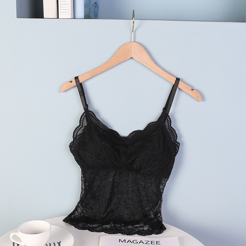 Women Crop Top Lace Bralette Wireless Padded Tank Top Deep V Lace Cami Lingerie Female Embroidery Floral Camisole: black