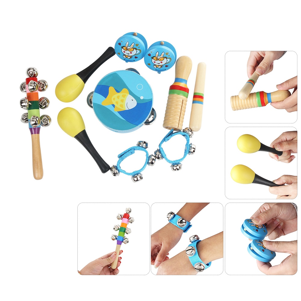 Neue 10 teile/satz Musical Spielzeug Orff-instrumente Sets Band Rhythmus Kit Einschließlich Tamburin Maracas Kastagnetten Handbells für Kinder