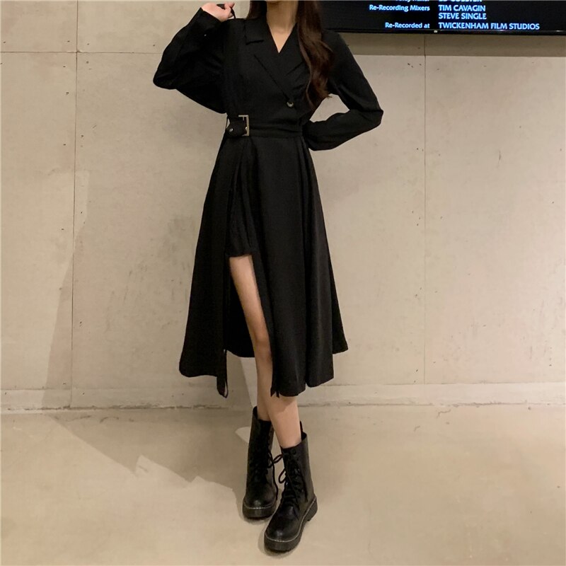 Vintage punk bandage maxi klänningar för kvinnor streetwear balck lång kavaj klänning med skärp koreansk stil långärmad klänning