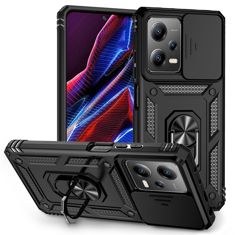 Voor Xiaomi Redmi Note 12 4G 5G Case Cover Shockproof Terug Slide Camera Lens Ring Houder Fundas Redmi Note 12 Pro 12Pro + 12S Case: Katoenen stof / Black