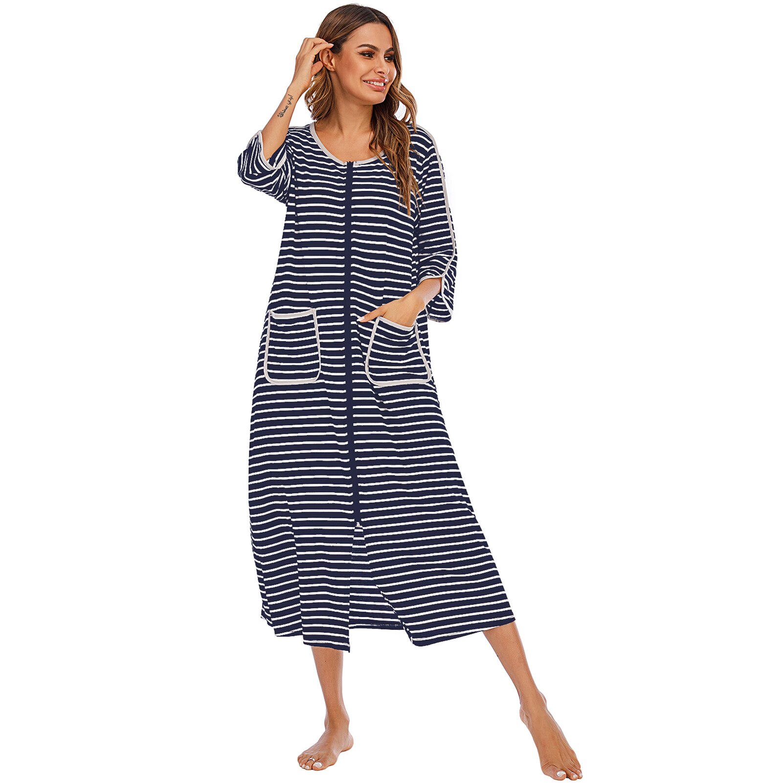 Chemise de nuit à rayures pour femmes poches zippées manches trois-quarts chemises de nuit mi-mollet robes de tenue décontractée longues: Marine Bleu / XL