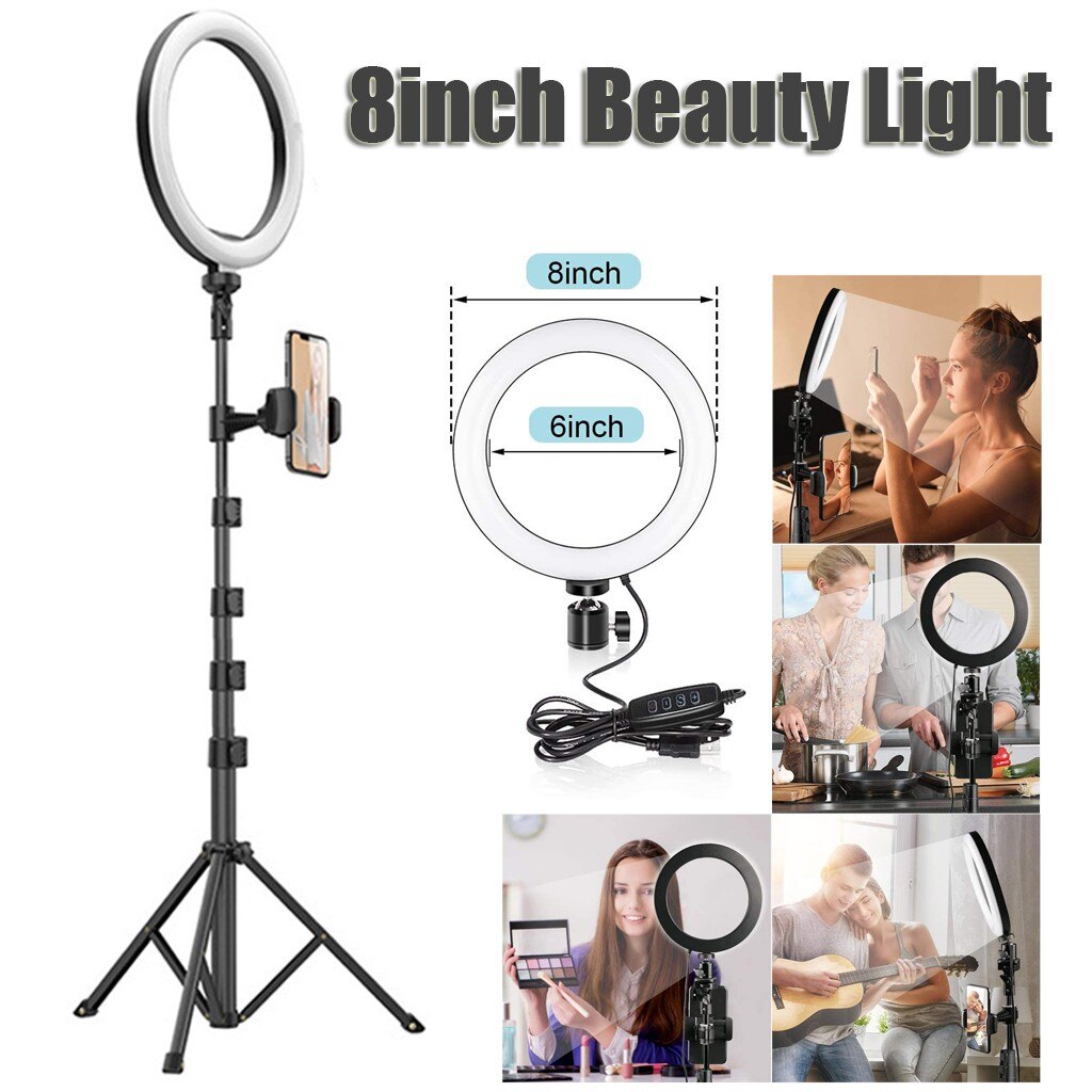 8” Selfie Ring Light With Tripod Stand & Wireless Remote LED Dimmable Lightning for iPhone Tripod and Phone Holder for Video