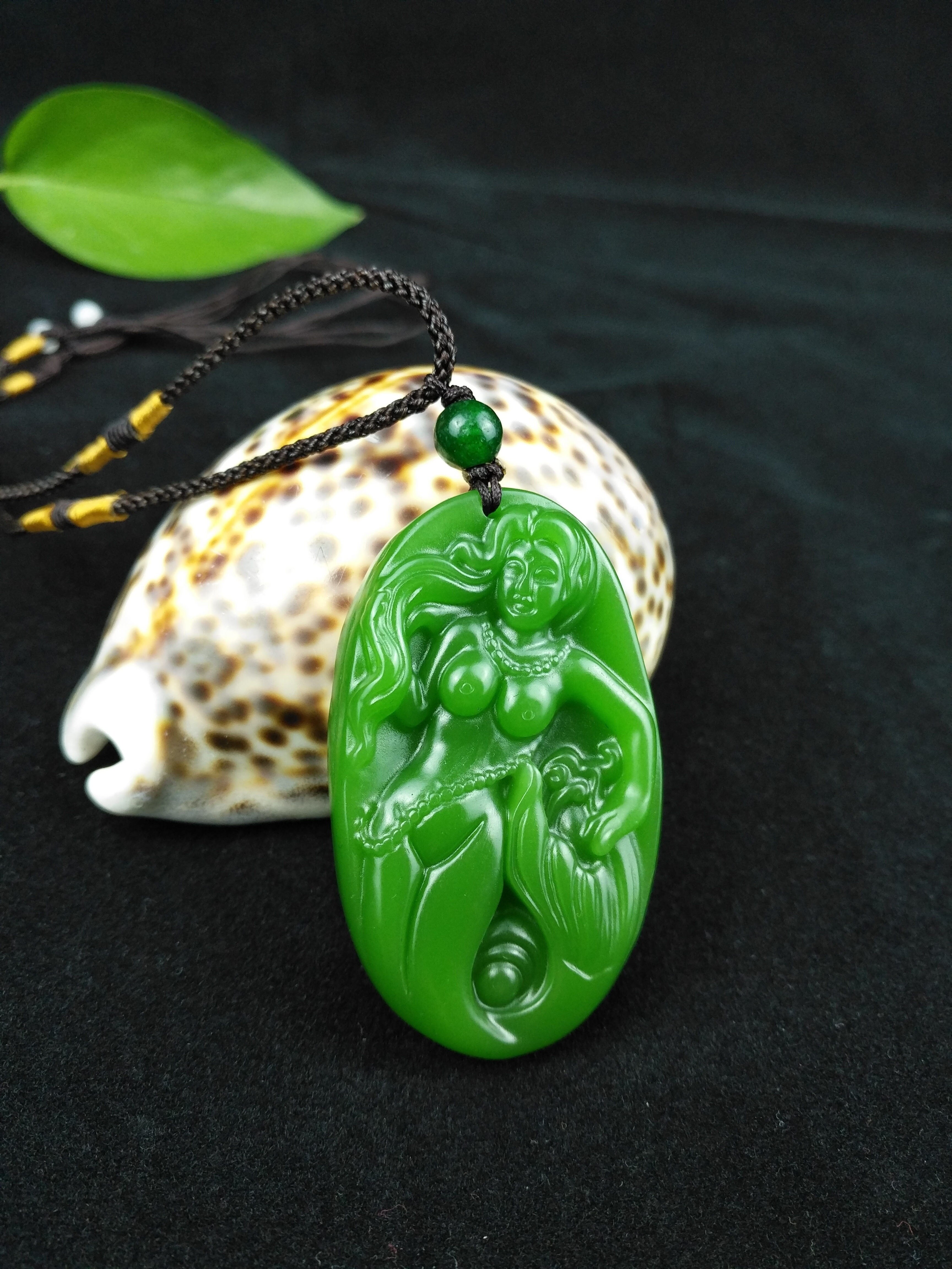 Chinois vert Jade sirène pendentif perles breloque collier bijoux accessoires de sculpté à la main hommes chanceux amulette chaude