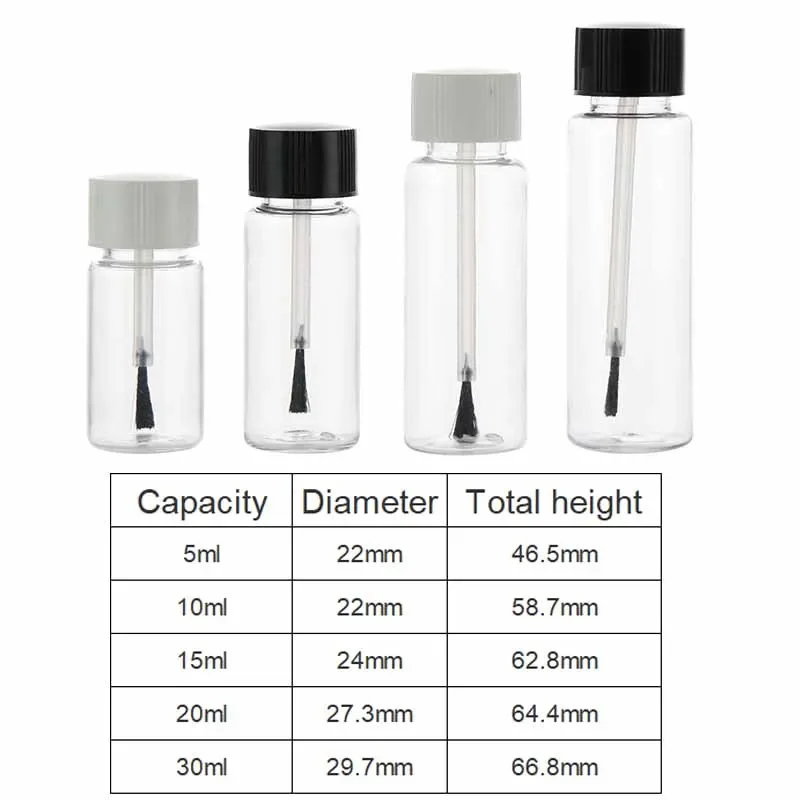 5/10Pcs 5ml 10ml 15ml 20ml 30ml Plastic Nail Polish Bottles Empty Cosmetic Containers Clear Liquid Sample Bottle With Brush