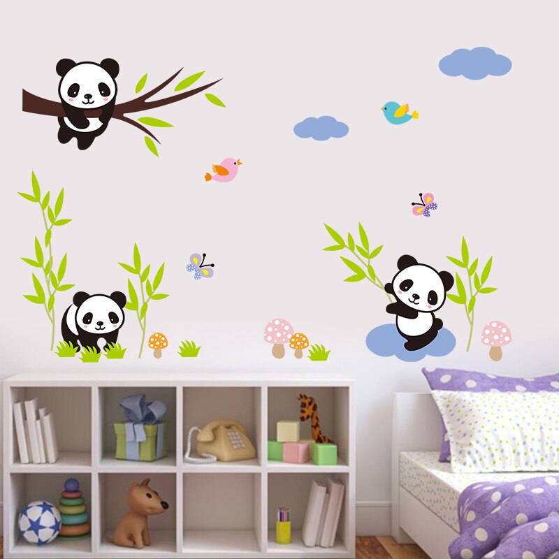 Leuke Panda Boom Bamboe Vogels Witte Wolken Muurstickers Voor Kinderen Kamers Nursery Room Decor Diy Art Decals Pvc Muur sticker