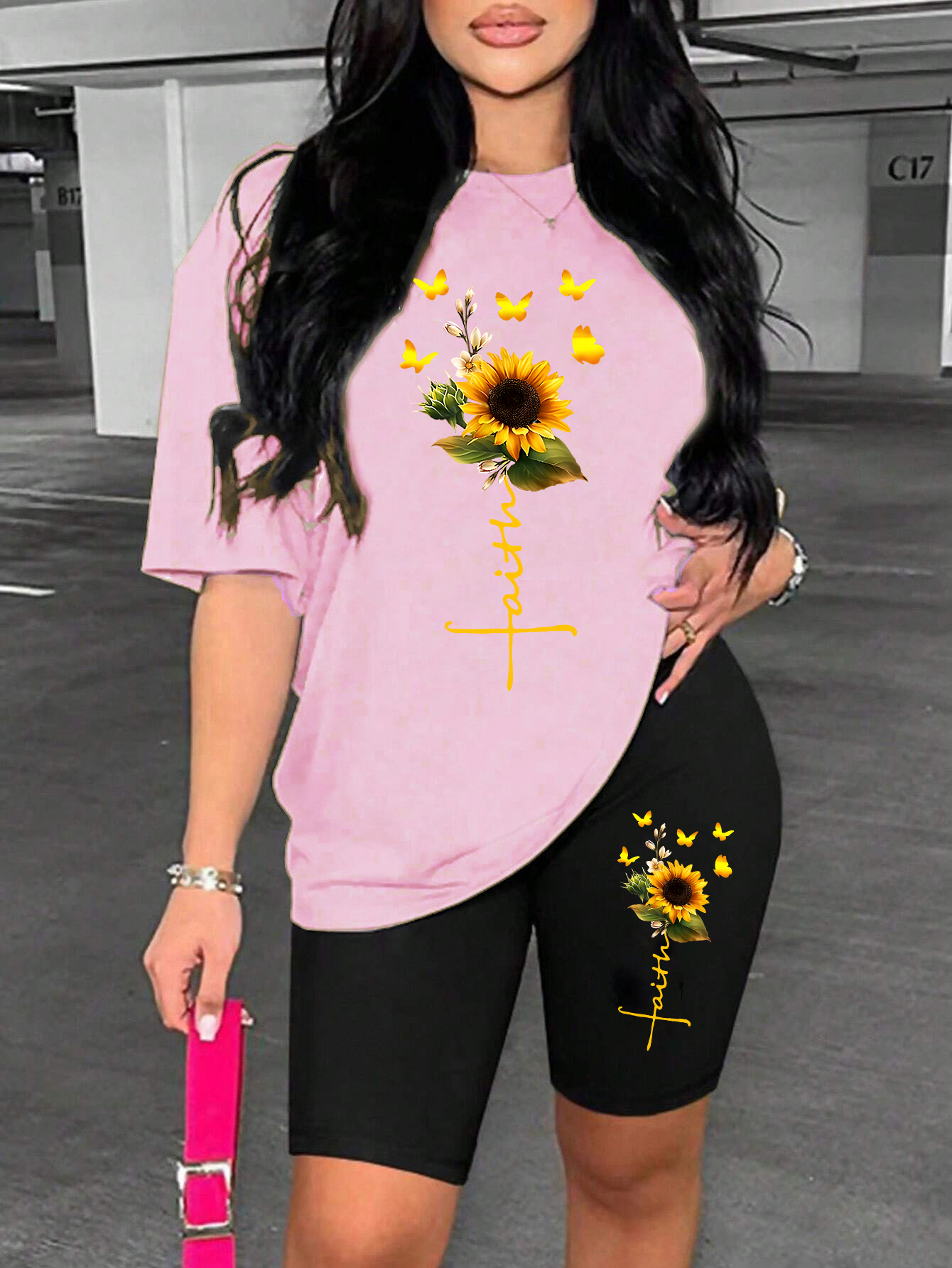 Sonnenblumen Schmetterling SchöNe Druck Frauen T Hemden Zwei Stück einstellen Kurze setzt Atmungsaktivem Hemd kurze Hose Neue: XL / Grün