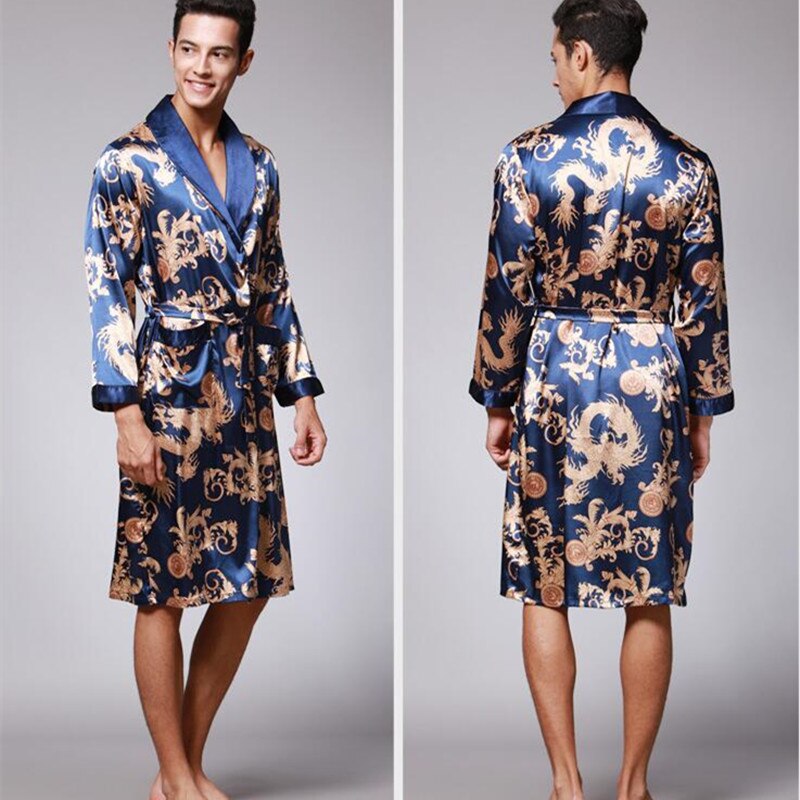 YT- 027 Spring Autumn Luxury Bathrobe Mens Print Plus Size Satin Pajamas Silk Nightgown