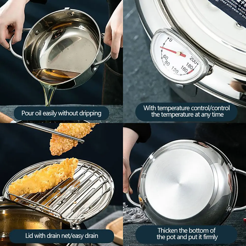 Japanse Friteuse Met Thermometer En Deksel 304 Rvs Keuken Tempura Friteuse Friteuse Friteuse Zonder Olie Koekenpan Friteuse