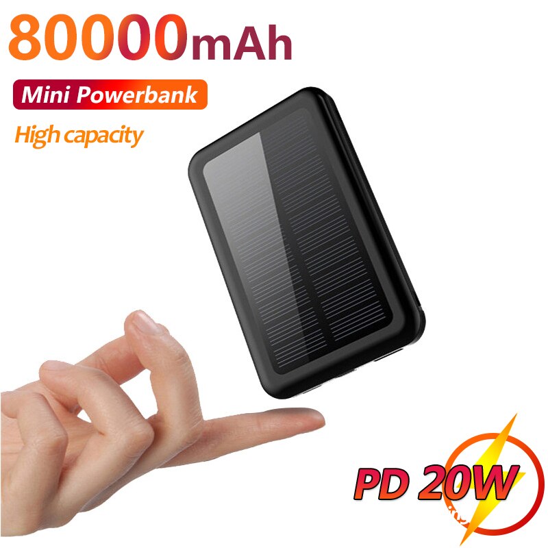 Mini Draagbare 80000Mah Solar Mobile Power Bank Snel Opladen Externe Batterij Wordt Geleverd Met 2 Opladen Kabels Led Verlichting