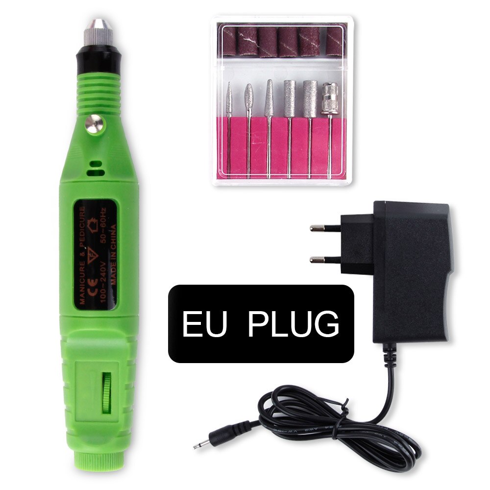 Electric Nail Drill Set Manicure Machine Pedicure Tool 6 Bits Sanding Buffer Apparatus Strong File Pen USB Charging: EU Plug Green