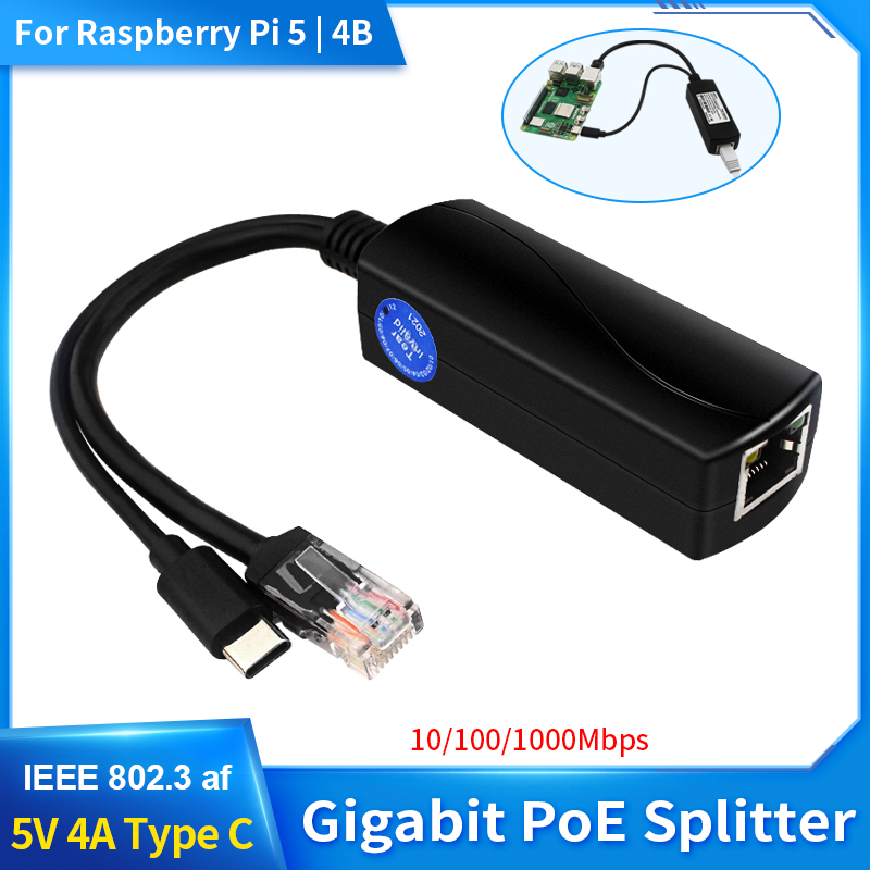 Raspberry pi  pi 5 gigabit poe splitter 5v 3a 10/100/1000 mbps usb type c til poe splitter stik til raspberry pi  pi 5