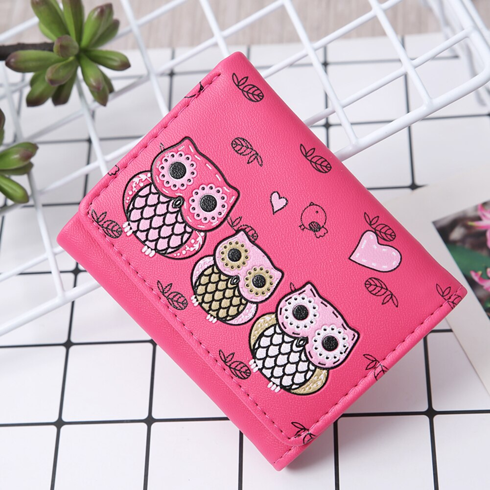 Porte-monnaie en Faux cuir pour femmes et filles, Mini portefeuille à trois volets, motif de hibou de dessin animé