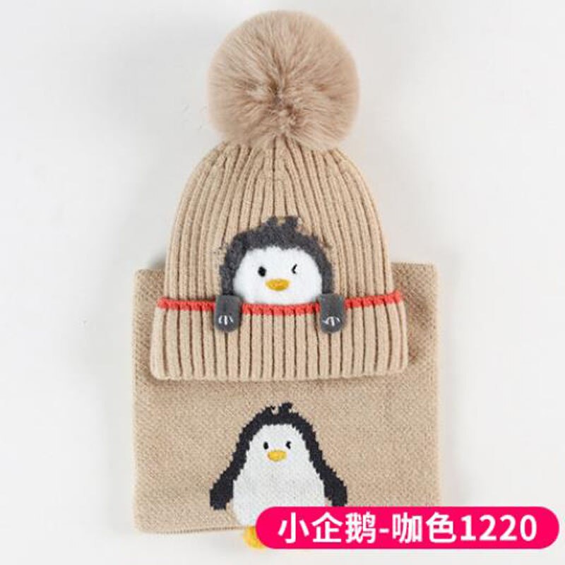Doitbest 1 to 4 Years old baby kids Beanie sets Cute penguin 2 pcs boys girls winter villus hat scarf set: khaki