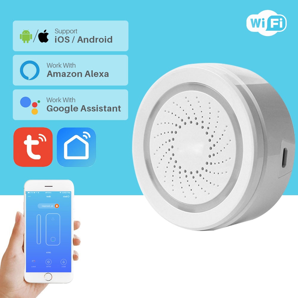 WiFi Siren Alarm Sensor Smart Home Security System USB Powered APP Notification Via Smartphone Support Alexa Google Home