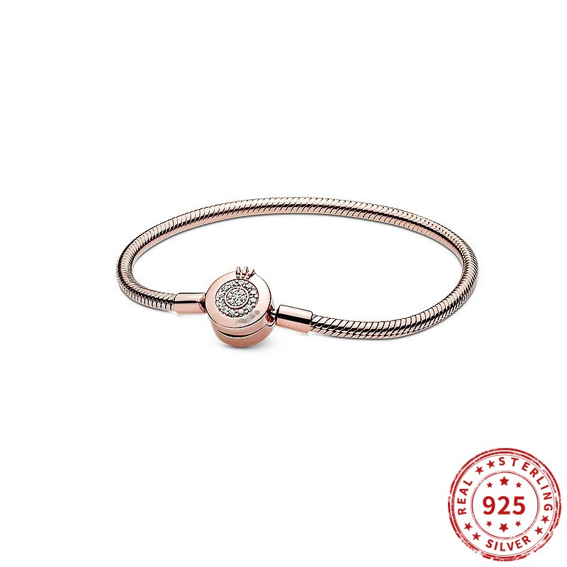 Real 925 sterling Silver Pandola monments Rose Gold Crown O Heart Snake Chain Bracelet Fit charm Women Bracelets Jewelry: 1 / 21cm