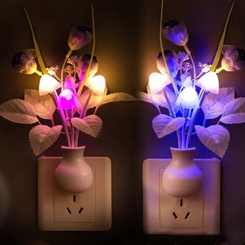 Us/Eu Plug Nachtlampje 7 Kleur Veranderende Licht Sensor Led Night Lights Bloem Paddestoel Lamp Slaapkamer Babykamer Lampen voor Kids