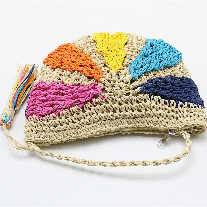 Di modo Crochet di Estate Borse Da Spiaggia Borsa Di Paglia Variopinto Della Boemia Della Nappa del Messaggero Della Spalla del Sacchetto Del Rattan Borsa Maglia Borsa