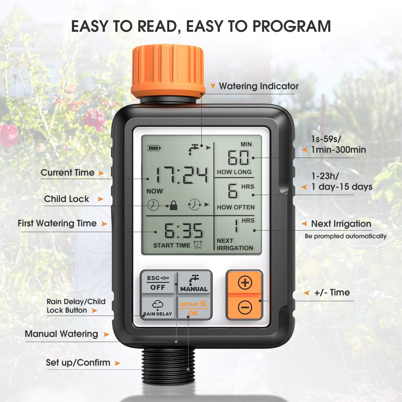 Automatic Programmable Digital Water Timer 3" Large Screen IP65 Waterproof For Garden Lawn Watering System Irrigation Timer