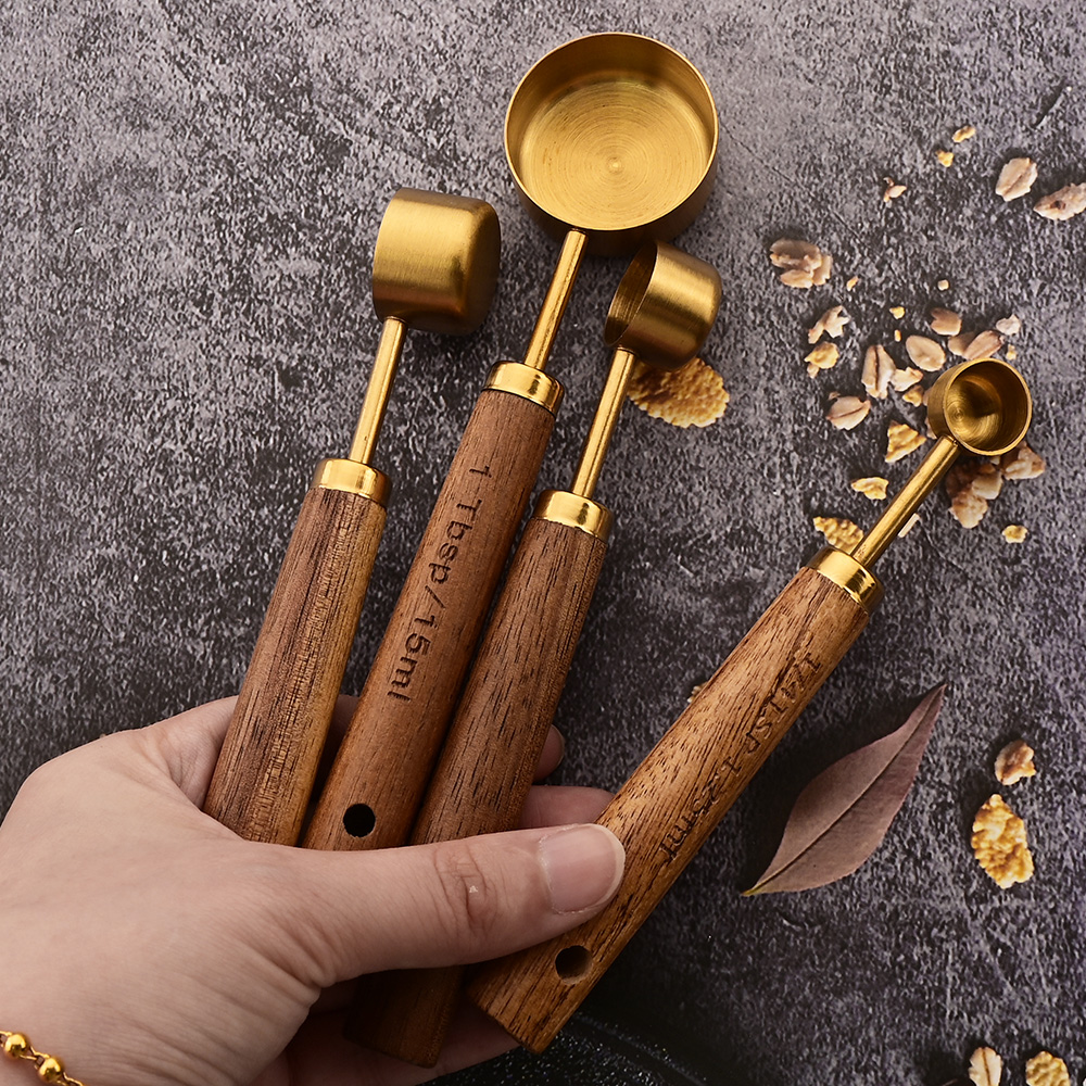 Gold Holzgriff Edelstahl Messbecher Löffel Backwerkzeuge Kaffee Messlöffel Set Barkeeper Maßstab Zubehör