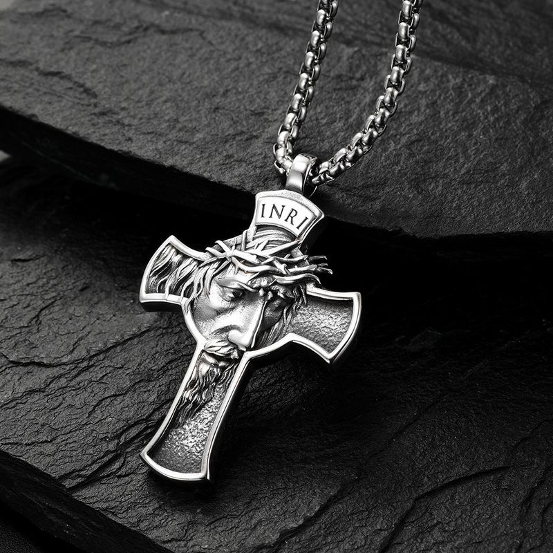 Rvs Jezus Hanger Zilveren Kruis Ketting Voor Mannen Casual Inri Mannelijke Religieuze Charme Sieraden Kettingen