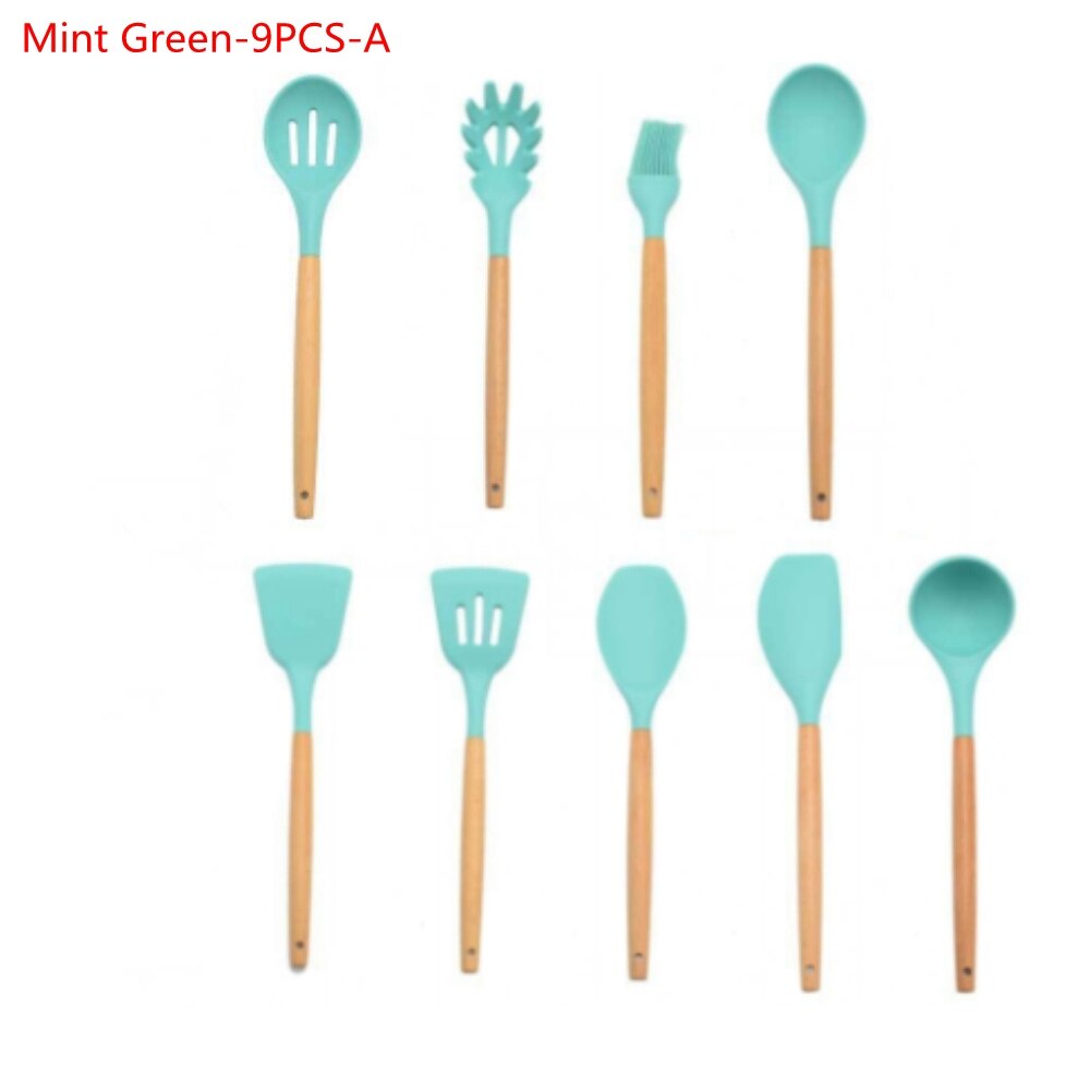 9/11Pcs Silicone Cooking Utensils Set Non-stick Spatula Shovel Wooden Handle Cooking Tools Set Kitchen Tools: 9Pcs-A Mint Green