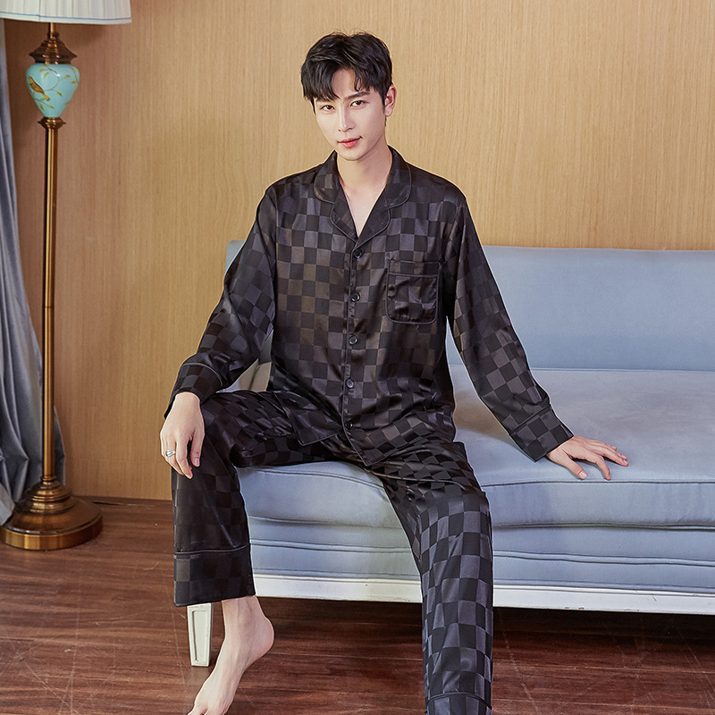 Noble-pijama de seda a cuadros para hombre, conjunto de ropa de dormir, traje de casa para pareja, color negro
