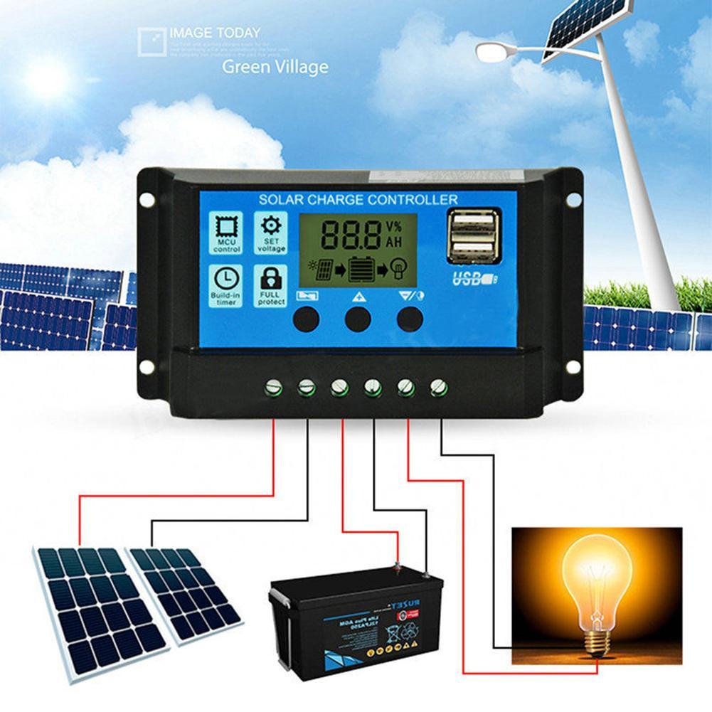 1Solar Cell Panel Charger Regulator 2V/24V HD LCD Display Auto Work Solar Charge Controller 10A/20A/30A PWM Dual USB Output