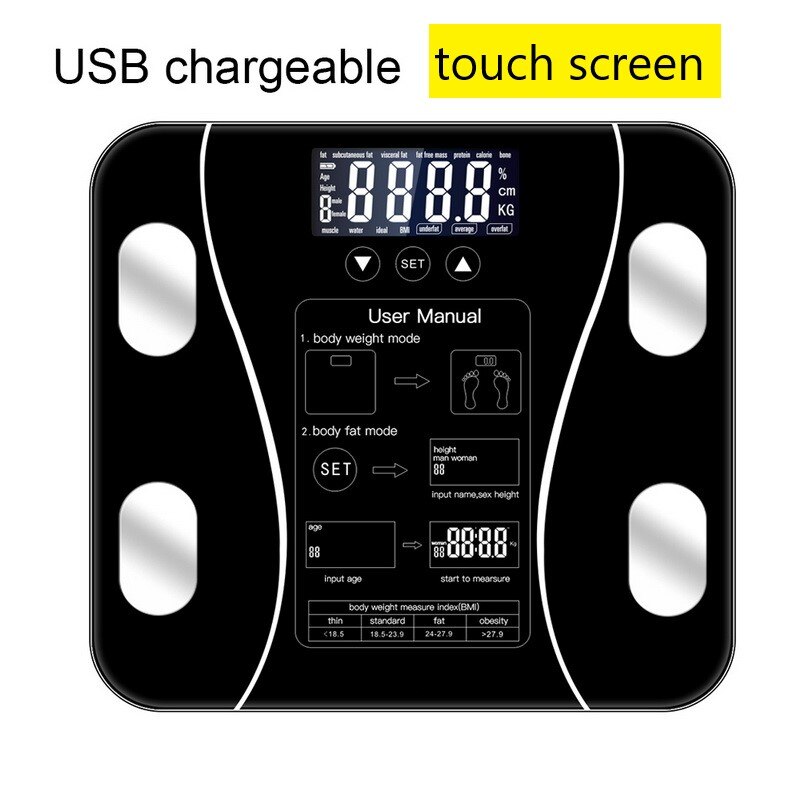 Kehon rasvaprosenttivaaka elektroninen älykäs digitaalinen kylpyhuonevaaka kehonkoostumusanalysaattori painon, kehon rasvan ja veden mittaamiseen painoindeksin (bmi) mittaamiseen lihaksen mittaamiseen: Usb-lataus a