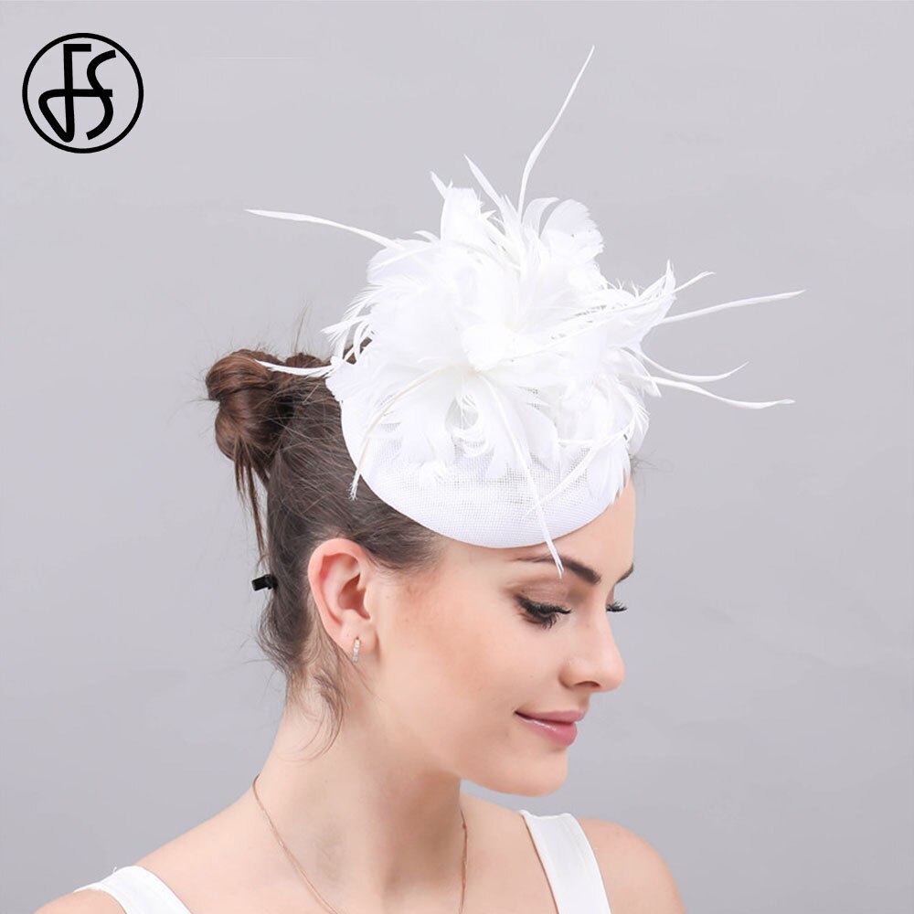Fs Vrouwen Hoeden Vlas Wit Tovenaar Hoed Voor Bruiloft Cocktail Elegante Vrouwelijke Britse Dame Kerk Veer Hoeden Derby Fedora