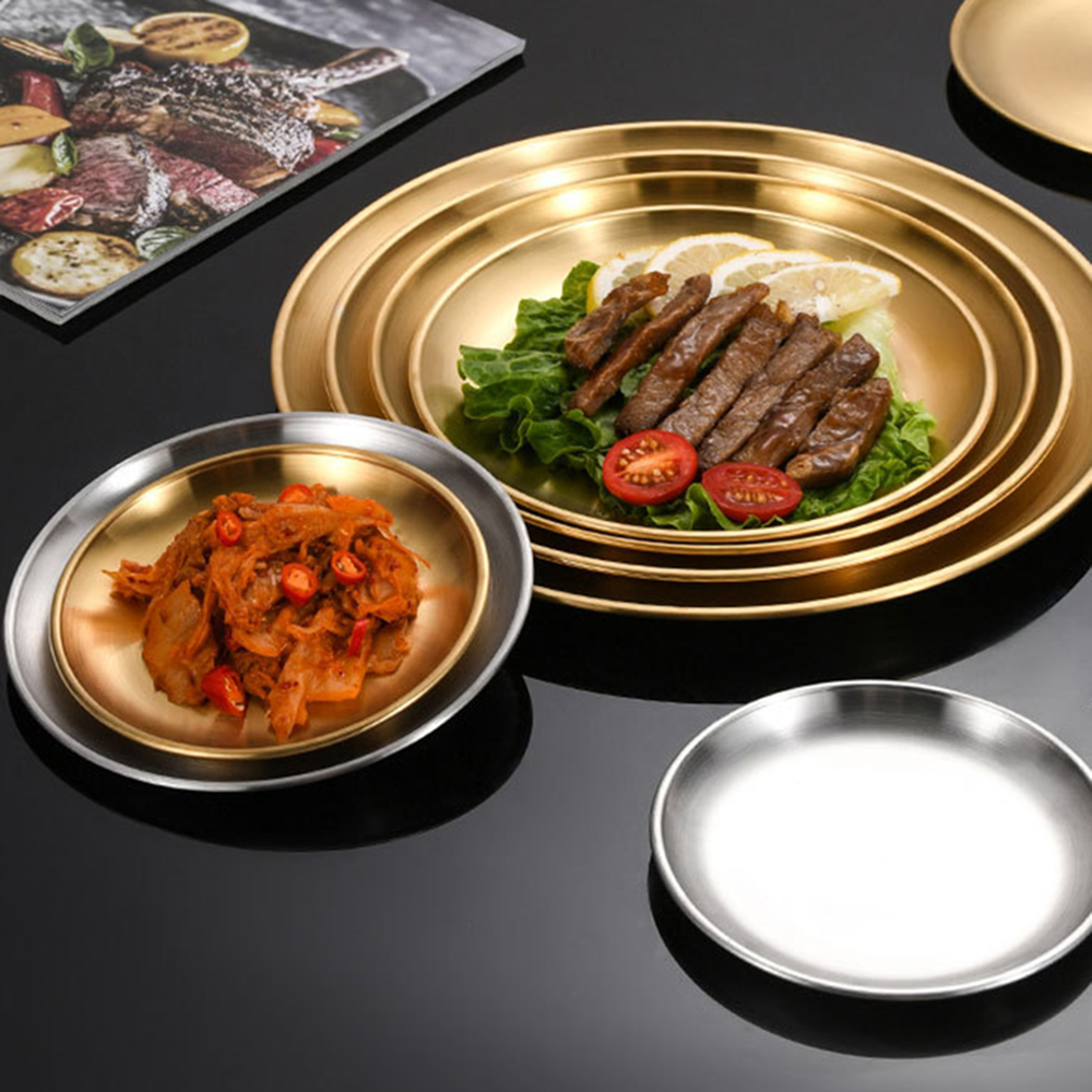 1Pc Edelstahl Runde Platte Knochen Spucken Schüssel Flach Tablett Metall Camping Platte Esszimmer Rabatt BBQ Picknick Gerichte Kochgeschirr