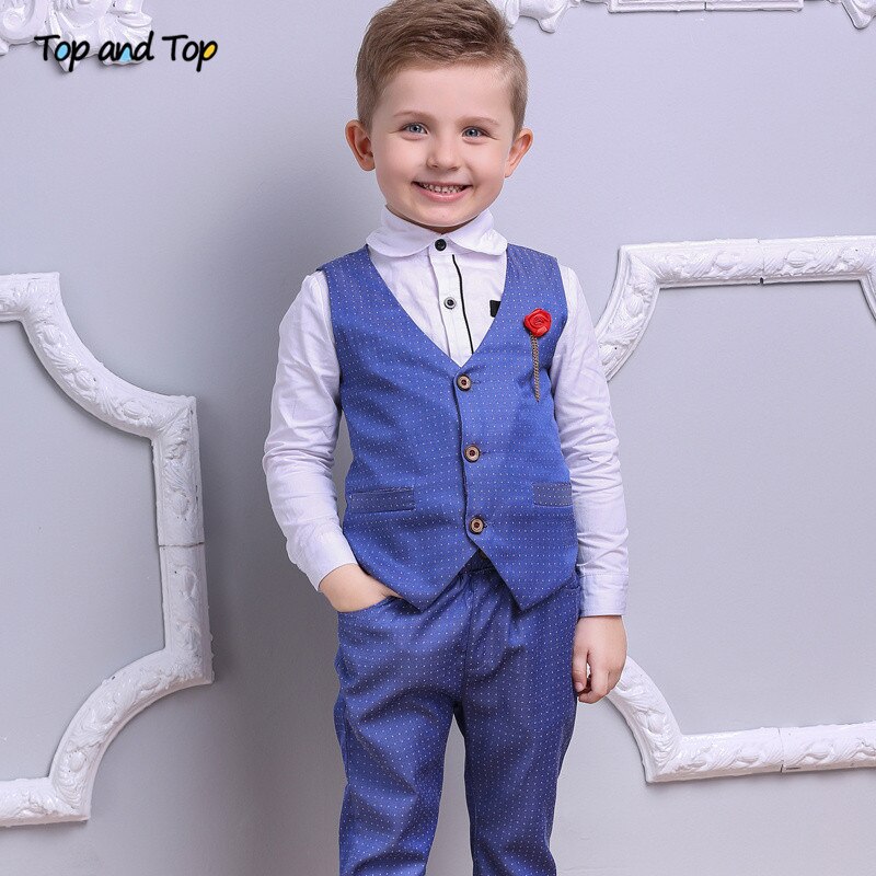 Top and Top Boy Clothes Set Boys Formal Suits Cotton Bow Tie Long Sleeve Shirt+Vest+Trousers 3Pcs Kids Gentleman Outfit